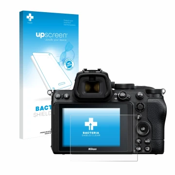 Parte frontal de un envase de producto con el logotipo de la marca upscreen. Al lado se muestra el dispositivo Nikon Z 5 con s