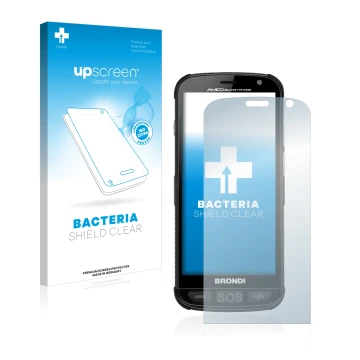 Parte frontal de un envase de producto con el logotipo de la marca upscreen. Al lado se muestra el dispositivo Brondi Amico co