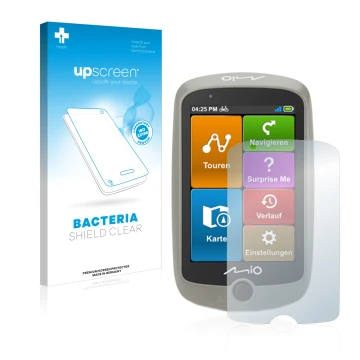 Parte frontal de un envase de producto con el logotipo de la marca upscreen. Al lado se muestra el dispositivo Mitac Mio Cyclo