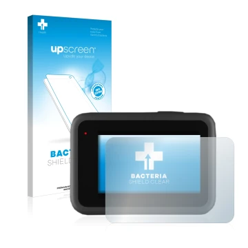 Parte frontal de un envase de producto con el logotipo de la marca upscreen. Al lado se muestra el dispositivo GoPro Hero 9 Bl