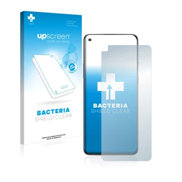 Parte frontal de un envase de producto con el logotipo de la marca upscreen. Al lado se muestra el dispositivo OnePlus 8T con 