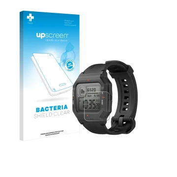 Parte frontal de un envase de producto con el logotipo de la marca upscreen. Al lado se muestra el dispositivo Huami Amazfit N