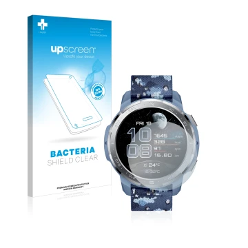 Parte frontal de un envase de producto con el logotipo de la marca upscreen. Al lado se muestra el dispositivo Honor Watch GS 