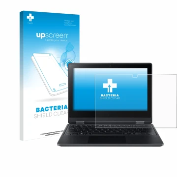 Parte frontal de un envase de producto con el logotipo de la marca upscreen. Al lado se muestra el dispositivo Acer TravelMate