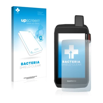 Parte frontal de un envase de producto con el logotipo de la marca upscreen. Al lado se muestra el dispositivo Garmin Montana 