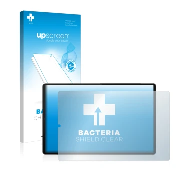 Parte frontal de un envase de producto con el logotipo de la marca upscreen. Al lado se muestra el dispositivo Lenovo Tab M10 