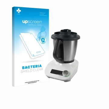 Parte frontal de un envase de producto con el logotipo de la marca upscreen. Al lado se muestra el dispositivo Vorwerk Thermom