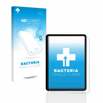 Parte frontal de un envase de producto con el logotipo de la marca upscreen. Al lado se muestra el dispositivo Apple iPad Air 