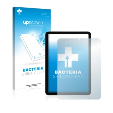 Parte frontal de un envase de producto con el logotipo de la marca upscreen. Al lado se muestra el dispositivo Apple iPad Air 