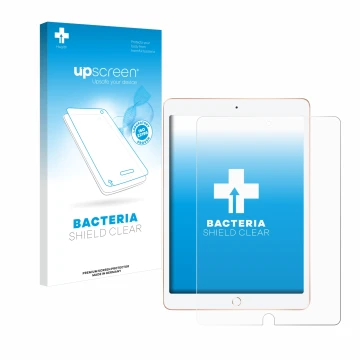 Parte frontal de un envase de producto con el logotipo de la marca upscreen. Al lado se muestra el dispositivo Apple iPad 10.2