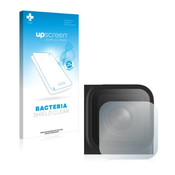 Parte frontal de un envase de producto con el logotipo de la marca upscreen. Al lado se muestra el dispositivo GoPro Hero 9 Bl