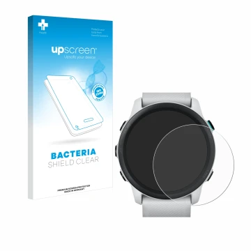 Parte frontal de un envase de producto con el logotipo de la marca upscreen. Al lado se muestra el dispositivo Garmin Forerunn