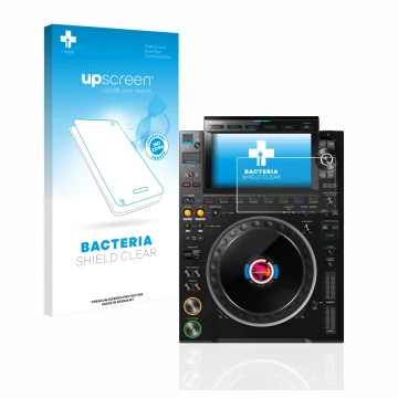 Parte frontal de un envase de producto con el logotipo de la marca upscreen. Al lado se muestra el dispositivo Pioneer CDJ 300