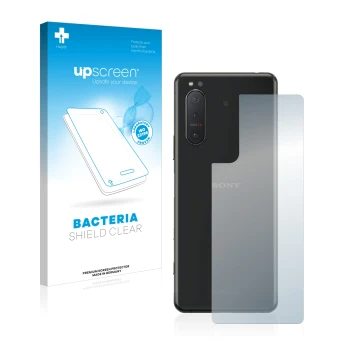 Parte frontal de un envase de producto con el logotipo de la marca upscreen. Al lado se muestra el dispositivo Sony Xperia 5 I