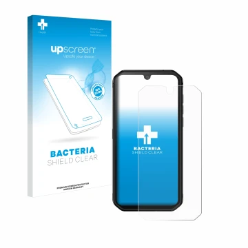 Parte frontal de un envase de producto con el logotipo de la marca upscreen. Al lado se muestra el dispositivo Blackview BV990