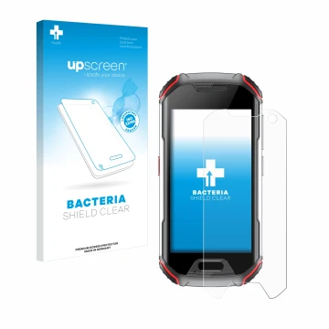 Parte frontal de un envase de producto con el logotipo de la marca upscreen. Al lado se muestra el dispositivo Unihertz Atom L