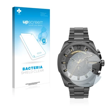 Parte frontal de un envase de producto con el logotipo de la marca upscreen. Al lado se muestra el dispositivo Diesel Chronogr