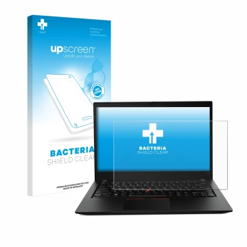 Parte frontal de un envase de producto con el logotipo de la marca upscreen. Al lado se muestra el dispositivo Lenovo ThinkPad