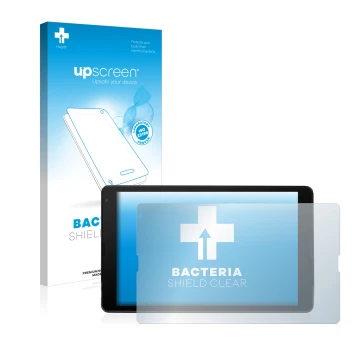 Parte frontal de un envase de producto con el logotipo de la marca upscreen. Al lado se muestra el dispositivo MEDION Lifetab 