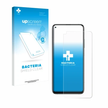 Parte frontal de un envase de producto con el logotipo de la marca upscreen. Al lado se muestra el dispositivo Xiaomi Mi 10T P