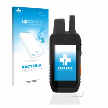 Parte frontal de un envase de producto con el logotipo de la marca upscreen. Al lado se muestra el dispositivo Garmin Alpha 20