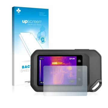 Parte frontal de un envase de producto con el logotipo de la marca upscreen. Al lado se muestra el dispositivo Flir C5 con su 