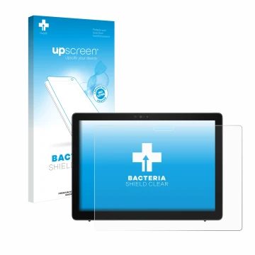 Parte frontal de un envase de producto con el logotipo de la marca upscreen. Al lado se muestra el dispositivo Dell Latitude 7