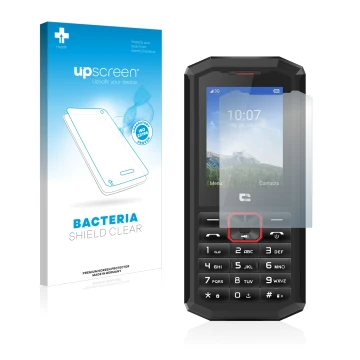 Parte frontal de un envase de producto con el logotipo de la marca upscreen. Al lado se muestra el dispositivo Crosscall Spide