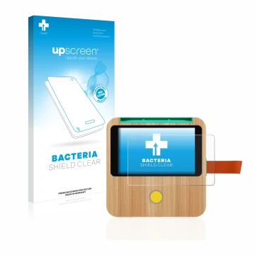 Parte frontal de un envase de producto con el logotipo de la marca upscreen. Al lado se muestra el dispositivo tigerbox Touch 