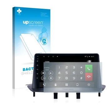 Parte frontal de un envase de producto con el logotipo de la marca upscreen. Al lado se muestra el dispositivo Pioneer AVH-Z52