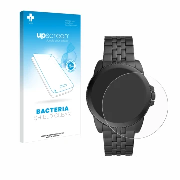 Parte frontal de un envase de producto con el logotipo de la marca upscreen. Al lado se muestra el dispositivo Fossil Gen 5E c