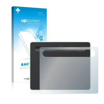 Parte frontal de un envase de producto con el logotipo de la marca upscreen. Al lado se muestra el dispositivo Wacom Intuos S 