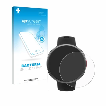 Parte frontal de un envase de producto con el logotipo de la marca upscreen. Al lado se muestra el dispositivo Polar Vantage V