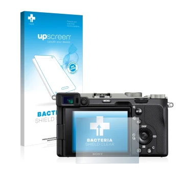 Parte frontal de un envase de producto con el logotipo de la marca upscreen. Al lado se muestra el dispositivo Sony Alpha 7C c