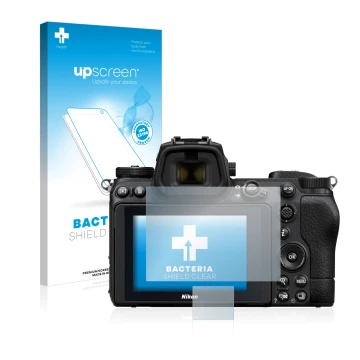 Parte frontal de un envase de producto con el logotipo de la marca upscreen. Al lado se muestra el dispositivo Nikon Z 7 II co