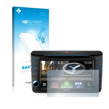 Parte frontal de un envase de producto con el logotipo de la marca upscreen. Al lado se muestra el dispositivo Kenwood DNX518V