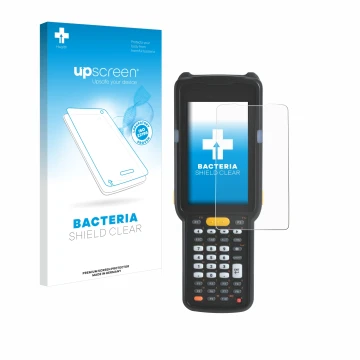 Parte frontal de un envase de producto con el logotipo de la marca upscreen. Al lado se muestra el dispositivo Zebra MC330L co