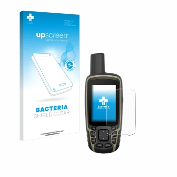 Parte frontal de un envase de producto con el logotipo de la marca upscreen. Al lado se muestra el dispositivo Garmin GPSMAP 6