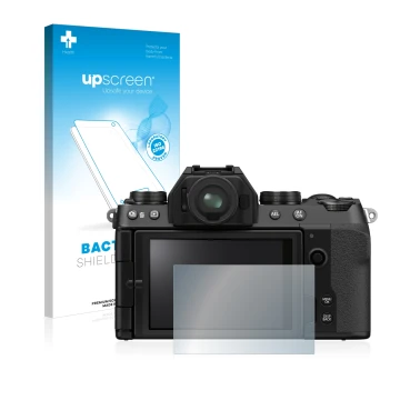 Parte frontal de un envase de producto con el logotipo de la marca upscreen. Al lado se muestra el dispositivo Fujifilm X-S10 