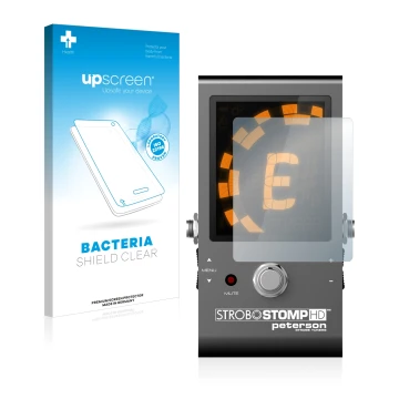 Parte frontal de un envase de producto con el logotipo de la marca upscreen. Al lado se muestra el dispositivo Peterson Strobo