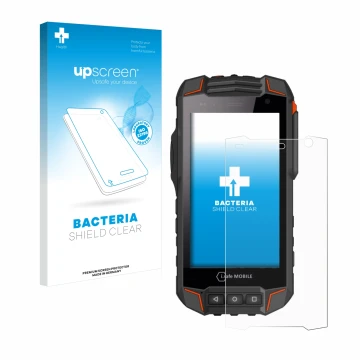 Parte frontal de un envase de producto con el logotipo de la marca upscreen. Al lado se muestra el dispositivo i.safe MOBILE I