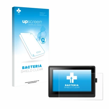 Parte frontal de un envase de producto con el logotipo de la marca upscreen. Al lado se muestra el dispositivo Wacom Cintiq 16