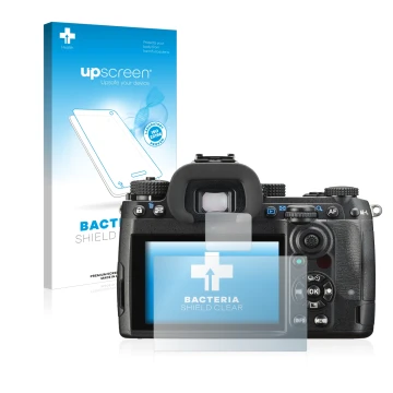 Parte frontal de un envase de producto con el logotipo de la marca upscreen. Al lado se muestra el dispositivo Pentax K-3 Mark