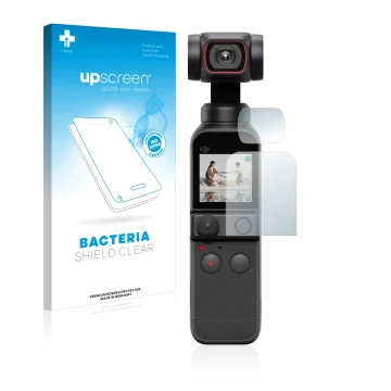 Parte frontal de un envase de producto con el logotipo de la marca upscreen. Al lado se muestra el dispositivo DJI Osmo Pocket