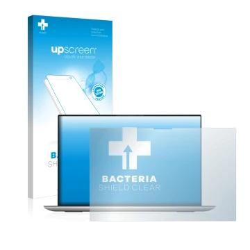 Parte frontal de un envase de producto con el logotipo de la marca upscreen. Al lado se muestra el dispositivo Dell XPS 17 970
