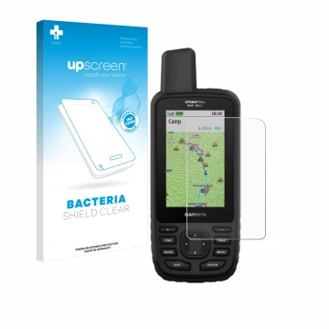 Parte frontal de un envase de producto con el logotipo de la marca upscreen. Al lado se muestra el dispositivo Garmin GPSMAP 6