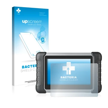 Parte frontal de un envase de producto con el logotipo de la marca upscreen. Al lado se muestra el dispositivo Autel MaxiCOM M