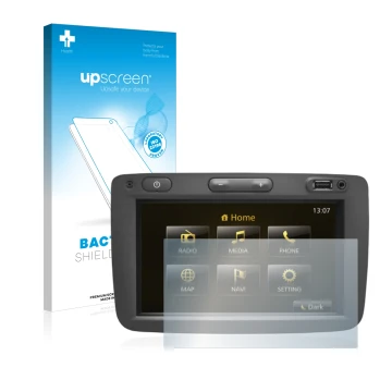 Parte frontal de un envase de producto con el logotipo de la marca upscreen. Al lado se muestra el dispositivo Dacia Duster 2 