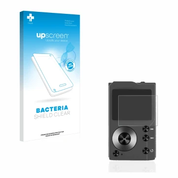 Parte frontal de un envase de producto con el logotipo de la marca upscreen. Al lado se muestra el dispositivo Surfans F20 con