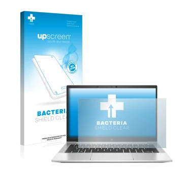 Parte frontal de un envase de producto con el logotipo de la marca upscreen. Al lado se muestra el dispositivo HP EliteBook 83
